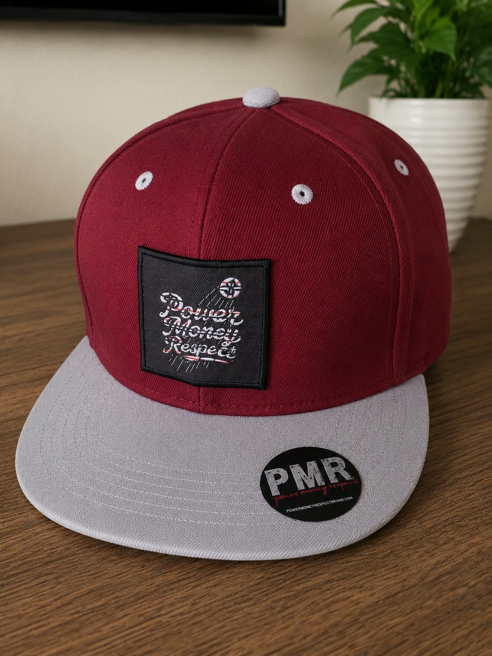 Burgandy & Gray Snapback Hat Power Money Respect Pmr Brand
